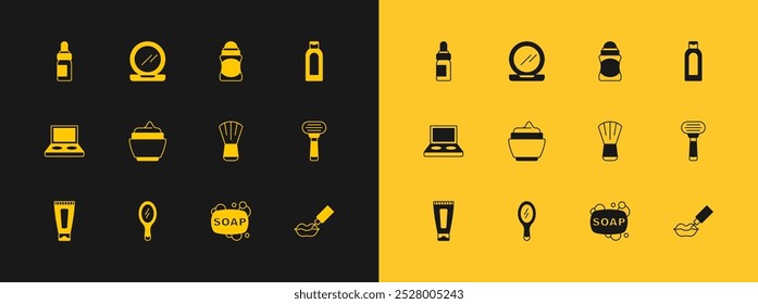 Set Bottle of shampoo, Hand mirror, Makeup brush, Bar soap, Cream lotion cosmetic tube, Deodorant roll, Essential oil bottle and powder with icon. Vector