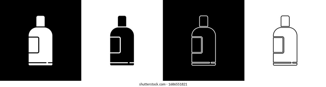 Set Bottle of shampoo icon isolated on black and white background.  Vector Illustration