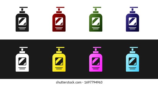 Set Bottle of shampoo icon isolated on black and white background. Vector Illustration