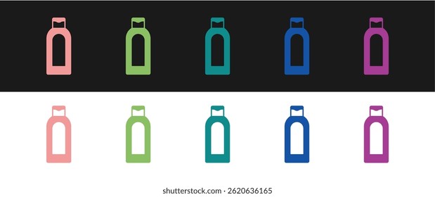 Set Bottle of shampoo icon isolated on black and white background.  Vector