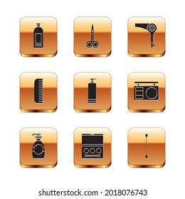 Set Bottle of shampoo, liquid soap, Eye shadow palette, Cream cosmetic tube, Hairbrush, dryer, Cotton swab for ears and Scissors icon. Vector