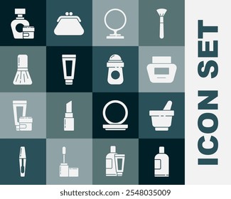 Set Bottle of shampoo, Mortar and pestle, Cream lotion cosmetic tube, Round makeup mirror, Makeup brush,  and Antiperspirant deodorant roll icon. Vector