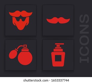 Set Botella de champú, bigote y barba, botellas Mustache y Aftershave con icono atomizador. Vector