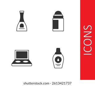 Set Bottle of shampoo, nail polish, Eye shadow palette with brush and Deodorant roll icon. Vector