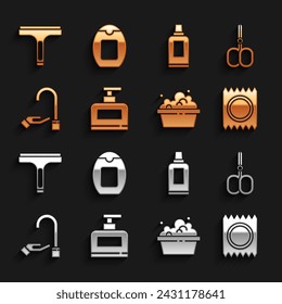 Set Bottle of shampoo, Nail scissors, Condom in package safe sex, Basin with soap suds, Washing hands, for cleaning agent, Rubber cleaner and  icon. Vector