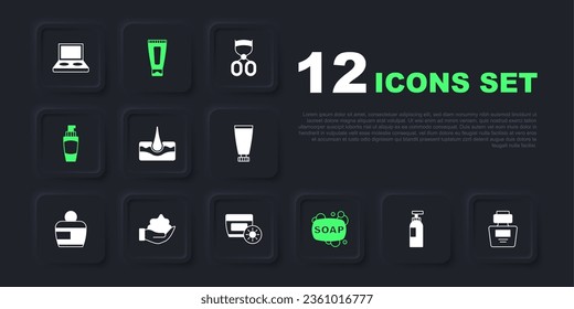 Set Botella de champú, Perfume, Folículo para el cabello humano, jabón de bar, crema para la mano de tubo, espuma de tubo, tubo cosmético crema o loción e icono de la pantalla solar. Vector