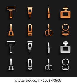 Set Bottle of shampoo, Perfume, Makeup powder with mirror, Scissors, Nail polish bottle, file, Shaving razor and Cream lotion cosmetic tube icon. Vector