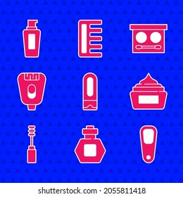 Set Bottle of shampoo, Perfume, Pumice for feet, Cream lotion cosmetic tube, Mascara brush, Epilator, Eye shadow palette and  icon. Vector