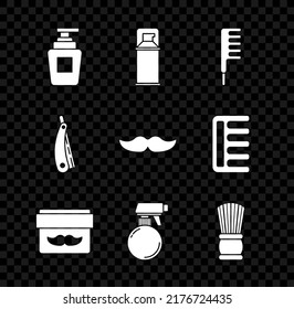 Set Bottle of shampoo, Shaving gel foam, Hairbrush, Cream or lotion cosmetic jar, Hairdresser pistol spray bottle, Straight razor and Mustache icon. Vector