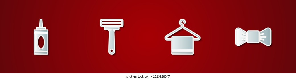 Set Botella de champú, afeitadora, toalla sobre colgador y atadura de doblado. Vector.