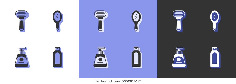 Set Bottle of shampoo, Shaving razor, Cream lotion cosmetic tube and Hand mirror icon. Vector