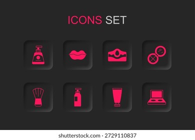 Set Flasche Shampoo, Lächelnde Lippen, Creme oder Lotion Kosmetikröhre, Make-up-Pulver mit Spiegel, Augenschatten-Palettenbürste, Akne und Symbol. Vektorgrafik