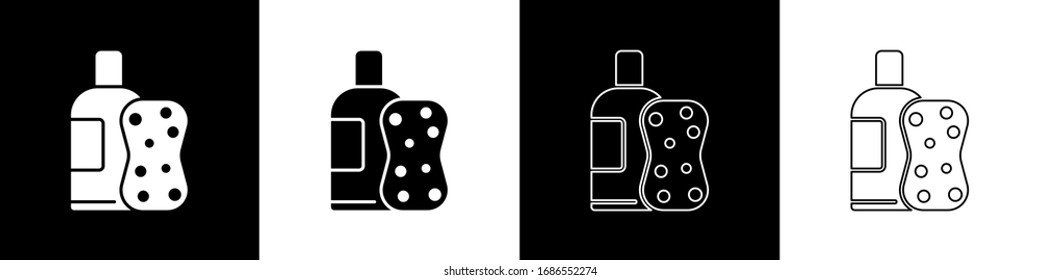 Set Bottle of shampoo and sponge icon isolated on black and white background.  Vector Illustration