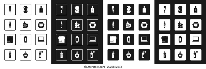 Set Bottle of shampoo, and sponge, Mascara brush, Cream or lotion cosmetic tube, Sponge with bubbles, Makeup powder mirror and  icon. Vector