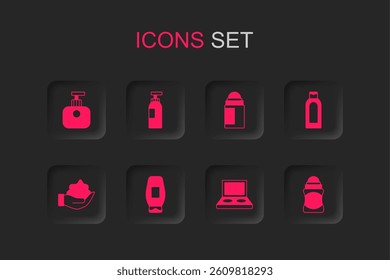 Set Bottle of shampoo, Tube hand cream, Eye shadow palette with brush, Deodorant roll,  and Shaving foam on icon. Vector