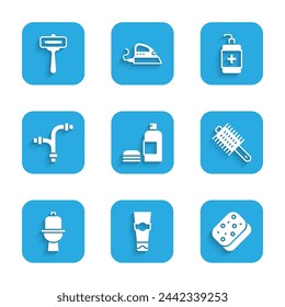 Set Bottle of shampoo, Tube toothpaste, Sponge, Hairbrush, Toilet bowl, Industry metallic pipe, Hand sanitizer bottle and Shaving razor icon. Vector