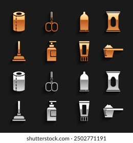 Set Flasche Shampoo, Wet Wipe Pack, Waschpulver, Tube Zahnpasta, Gummikolben, Kondom, Papierhandtuchrolle und Nagelscheren-Symbol. Vektorgrafik