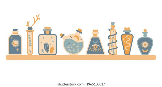 Set of bottle silhouette with magic elixir, poison with sun, moon, snake, mushroom, eye, gem. Boho potion bottle silhouette. Occult vector illustration. Alchemy design element. Esoteric mystic poster