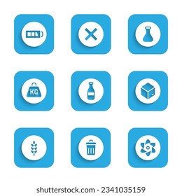 Set Bottle, Trash can, Test tube and flask, Carton cardboard box, Wheat, Weight,  and Battery icon. Vector