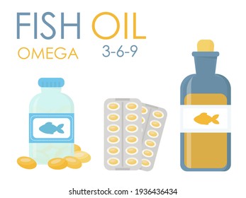 frasco, vial, cápsulas con aceite de pescado. Diversas formas y dosis. Suplemento de comida Omega 3-6-9. Aislado sobre fondo blanco. Ilustración vectorial. Plano