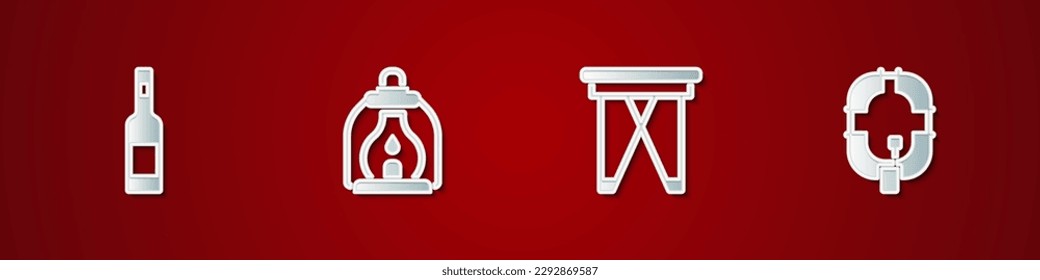 Set Bottle of vodka, Camping lantern, Folding chair and Inflatable boat icon. Vector