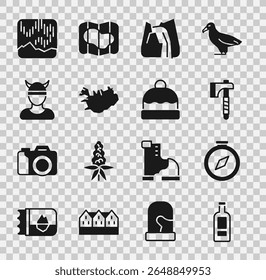 Set Bottle of vodka, Bússola, machado de madeira, cachoeira, mapa Islândia, cabeça Viking, luzes do norte e ícone chapéu Beanie. Vetor