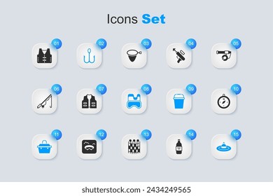 Set Botella de vodka, chaqueta de pesca, gancho, caja o caja para equipo de pesca, agua flotante, brújula, y el icono de máscara de buceo. Vector