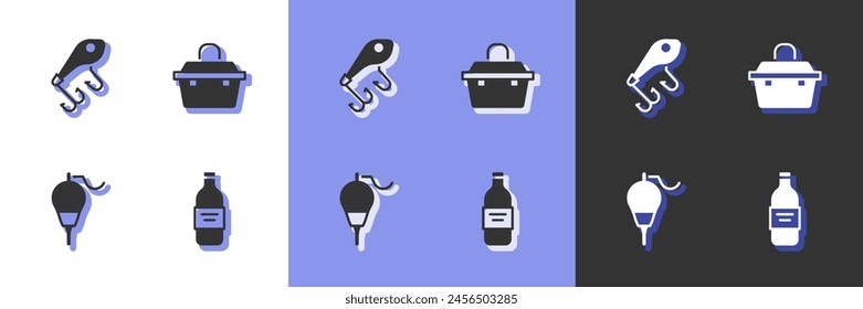 Set Botella de vodka, señuelo de pesca, flotador y caja o caja para el icono de equipo de pesca. Vector