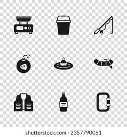 Set Bottle de vodka, barco inflable con motor, Carabiner, agua flotante de pesca, vara, básculas electrónicas, balde e icono de bomba. Vector