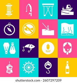 Set Bottle of vodka, Inflatable boat, Aquarium, Folding chair, No fishing, Compass, Spinning reel for and Fishing float water icon. Vector