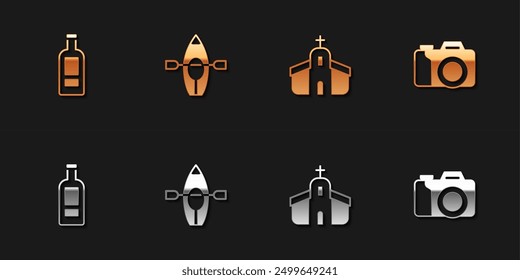 Set Bottle of vodka, Kayak and paddle, Church building and Photo camera icon. Vector