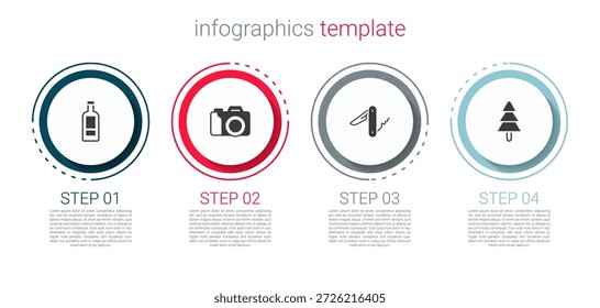 Set Botella de vodka, cámara de fotos, cuchillo suizo y árbol. Plantilla de infografía de negocios. Vector
