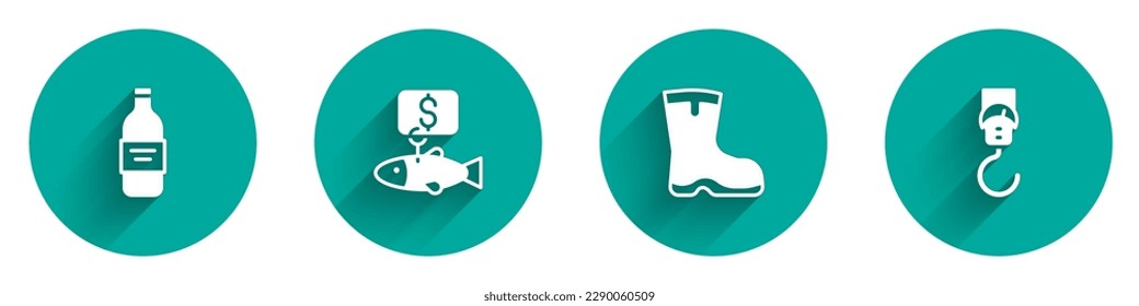 Set Bottle of vodka, Price tag for fish, Fishing boots and Spring scale icon with long shadow. Vector