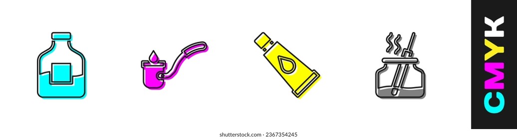 Set Bottle of vodka, Sauna ladle, Cream or lotion cosmetic tube and Aroma diffuser icon. Vector