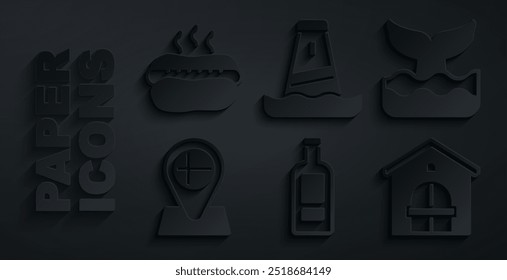 Set Bottle of vodka, Whale tail, Location flag Iceland, Farm house, Lighthouse and Hotdog sandwich icon. Vector