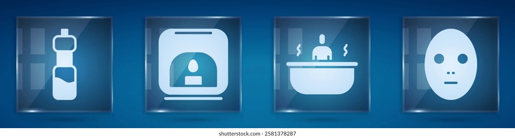 Set Bottle of water, Aroma lamp, Bathtub and Facial cosmetic mask. Square glass panels. Vector