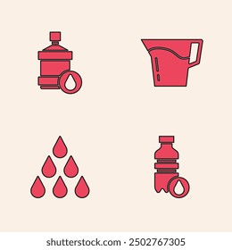 Conjunto Botella de agua, botella grande con limpio, jarra de vidrio y gota de agua icono. Vector