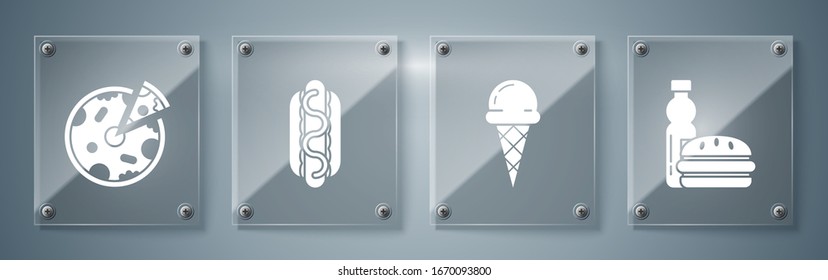 Set Bottle of water and burger, Ice cream in waffle cone, Hotdog sandwich with mustard and Pizza. Square glass panels. Vector