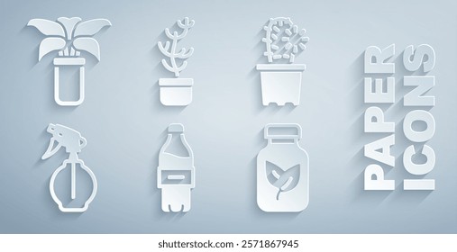 Set Bottle of water, Cactus peyote in pot, Water spray bottle, Fertilizer, Exotic tropical plant and  icon. Vector