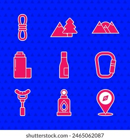 Set Bottle of water, Camping lantern, Compass, Carabiner, Sausage on the fork, Thermos container, Mountains and Climber rope icon. Vector