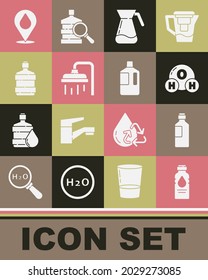 Set Bottle of water, Chemical formula for H2O, Jug glass with, Shower head, Big bottle clean, Water drop location and  icon. Vector