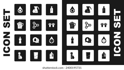 Set Bottle of water, Chemical formula for H2O, Water jug with filter, Recycle clean aqua, Jug glass, Defrosting and  icon. Vector
