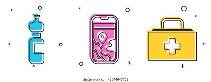 Set Bottle of water, City map navigation and First aid kit icon. Vector
