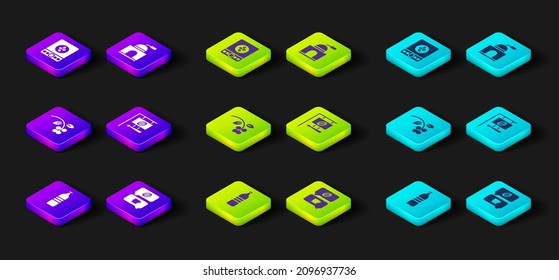 Set Bottle of water, Coffee and conversation, bean, branch, Street signboard coffee, Manual grinder and Electronic scales icon. Vector