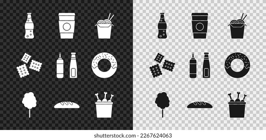 Set Bottle of water, Coffee cup to go, Asian noodles and chopsticks, Cotton candy, Bread loaf, Chicken leg in package box, Cracker biscuit and Sauce bottle icon. Vector