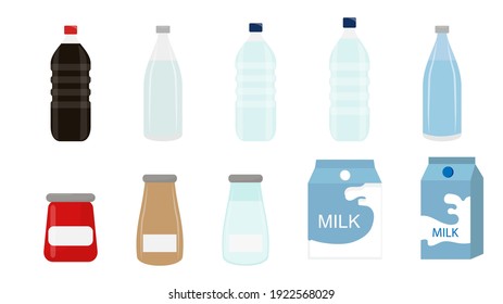 Set Of Bottle Water Cola Soda Milk And Jam Isolated On White Vector Illustration 