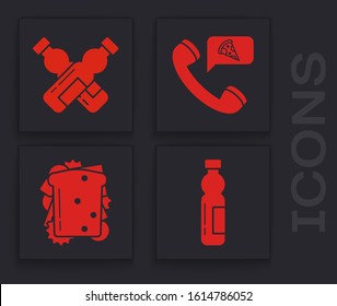 Set Bottle of water, Crossed bottle of water, Food ordering pizza and Sandwich icon. Vector