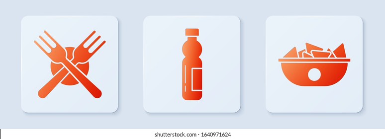 Set Bottle of water, Crossed fork and Nachos in plate. White square button. Vector