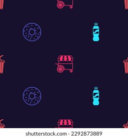 Set Bottle of water, Donut, Fast street food cart and Glass with on seamless pattern. Vector