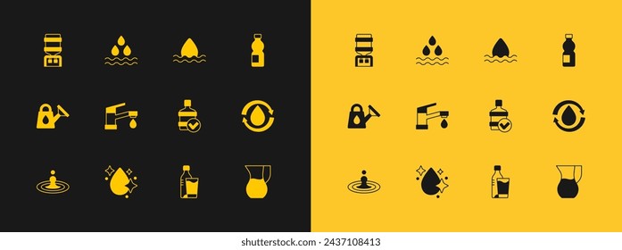 Set Bottle of water, Water drop, Big bottle with clean, glass, tap, cooler and  icon. Vector